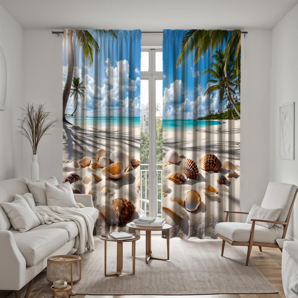 2pcs Set HD Blue Sky White Cloud Sea World Decorative Curtain Blue Tie Digital Printed Curtain Home Decoration Style Decorate