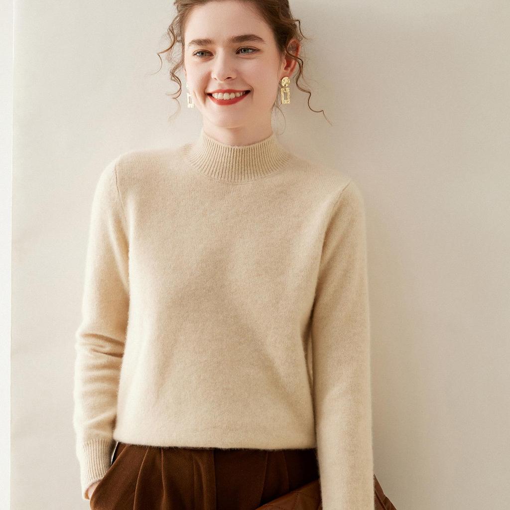 Women's Double-Strand Cashmere Half-High Collar Sweater – Autumn & Winter Loose Long Sleeve Knit Pullover