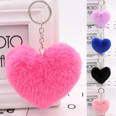 Heart Keychain Key Ring Pendant Handbag Bag Faux Fur Wallet Decor