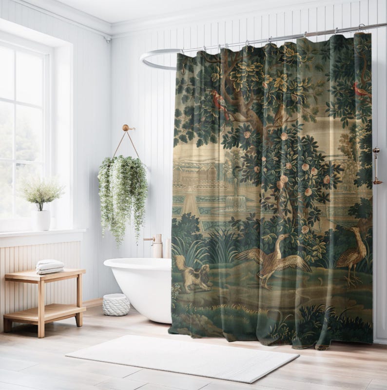 

French Verdure Tapestry Shower Curtain - Vintage Retro Bathroom Decor, Home Spa Accessories W90xH180cm