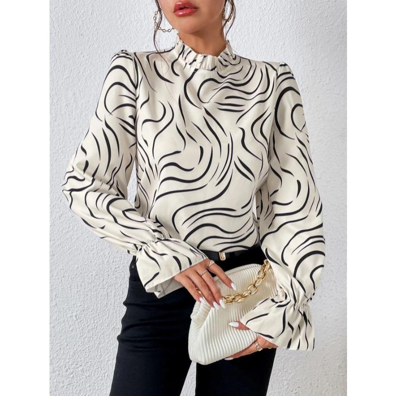 New Printed Stand Collar Women Loose Shirt Casual Long Sleeve Casual Office Blouse Sprinf Autumn Simple Tops Sweet Clothing S белый