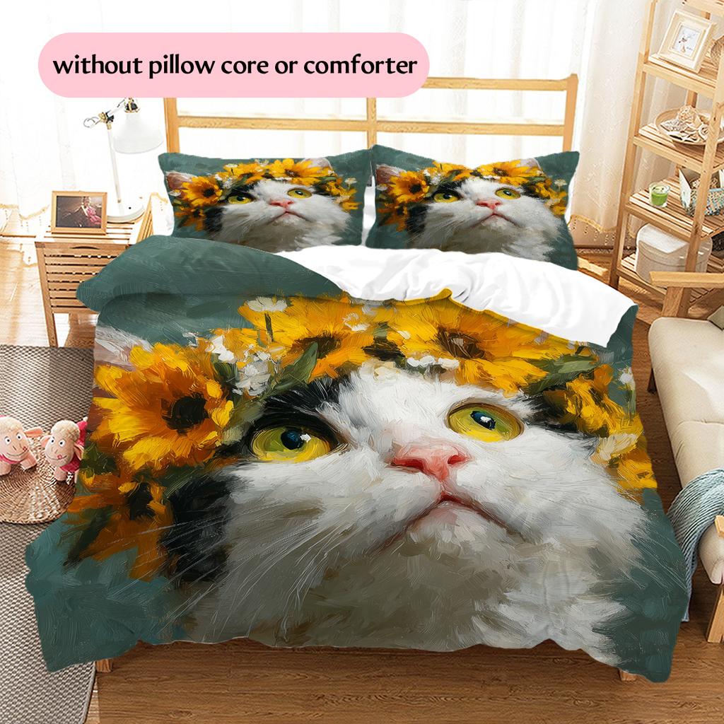 Tabby Cat Pattern Bedding Quilt Set Quilt Cover Pillowcase Home Decoration Gift (1 * Duvet Cover + 2 * Pillowcase, Without Core)