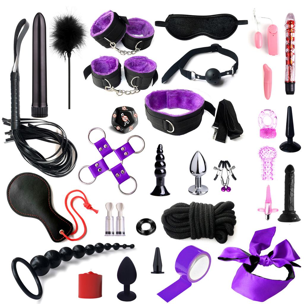 SM Fetish Bondage Erotic Toy Restraint Set Sex Toys For Women Handcuffs Whip Binding Anal Plug Vibrator Couple Sexy Tool