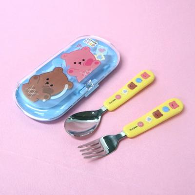 Leburn Baumwollbär Mini Löffel + Gabel + Etui Set, gemischte Farben, Koreanisches beliebtes Geschirr