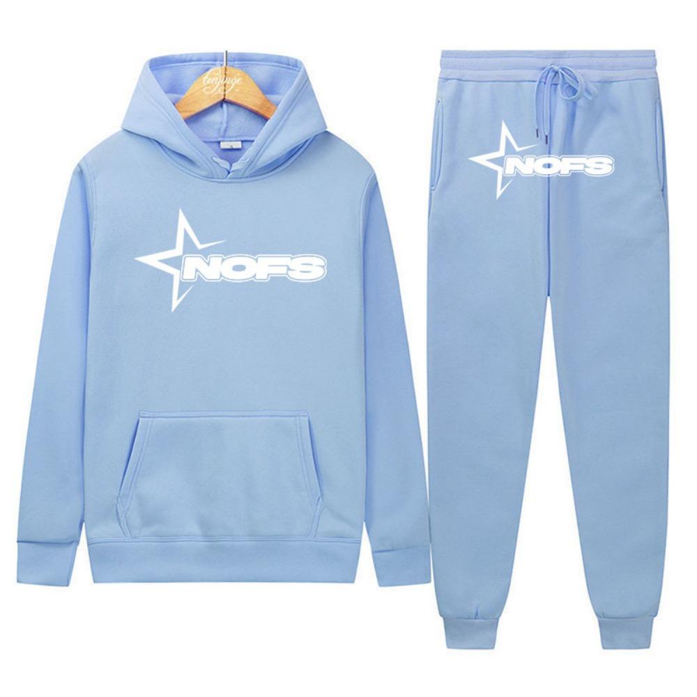 Neues hellblaues Set Y2K Herren-Set Streetwear Hip Hop Print Locker Hoodie Zweiteiliges Set