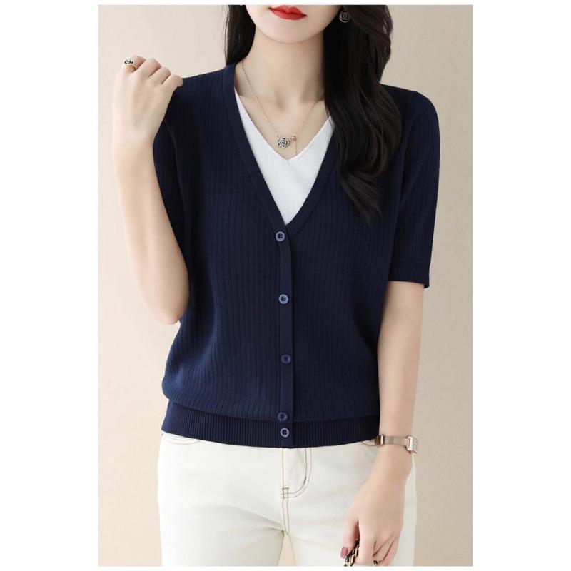 Haut côtelé pour femme Fausse pièce deux pièces Manches courtes Col en V Blouse