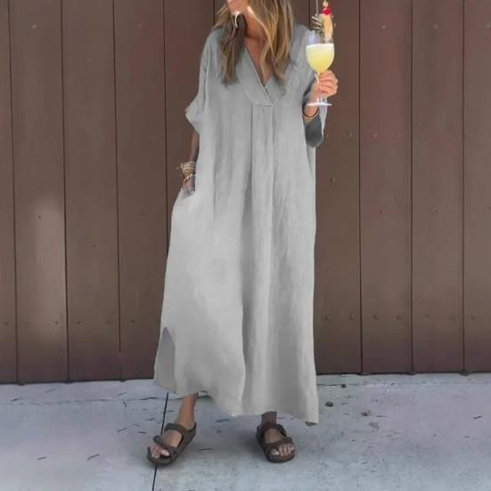 Women's Loose Maxi Dress V-Neck Short Sleeve Long Dress Summer Casual A-Line Beach Sundress