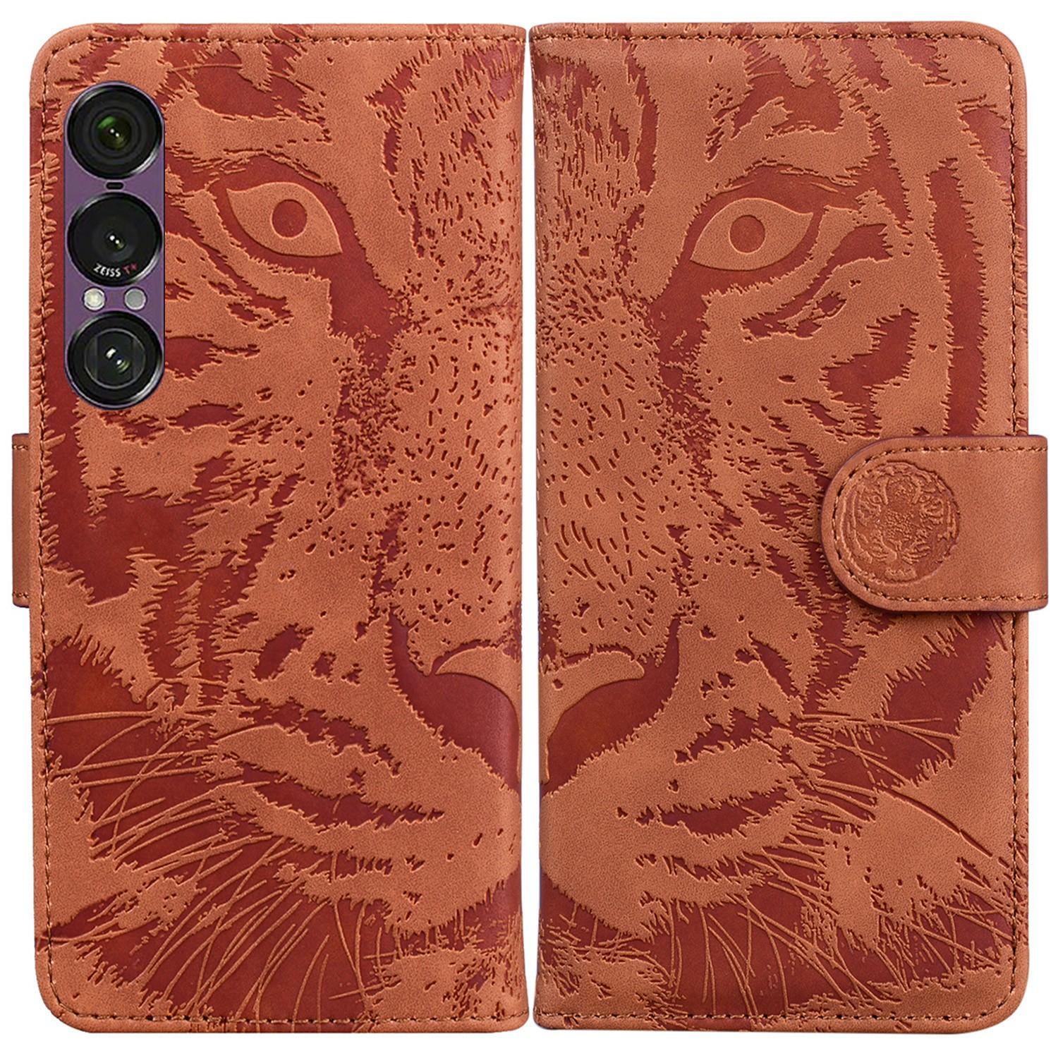 

For Sony Xperia 1 VII Case Tiger Imprint Leather Wallet Phone Cover Brown