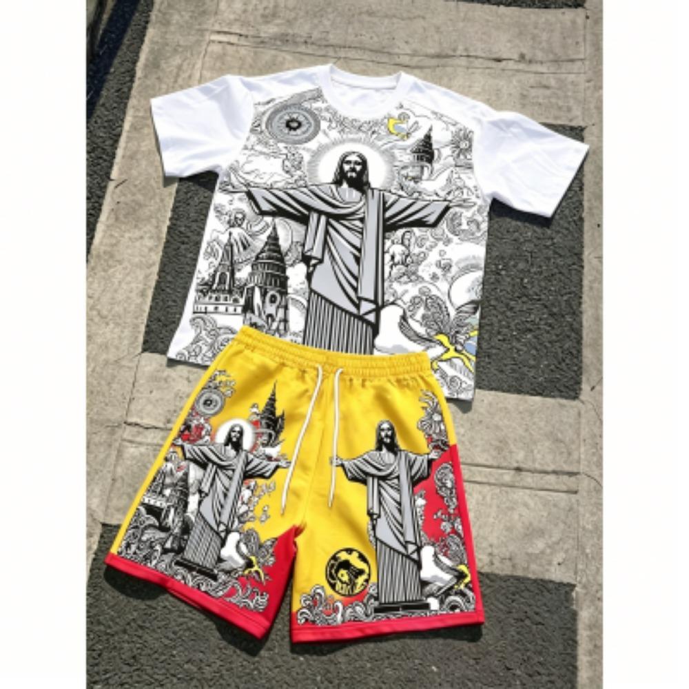 Europe and America Fashion JESUS Printing Outdoor Street Men's T-shirt and Shorts 2 Piece Set Summer Casual Outfit Men's and Women's Sports Set