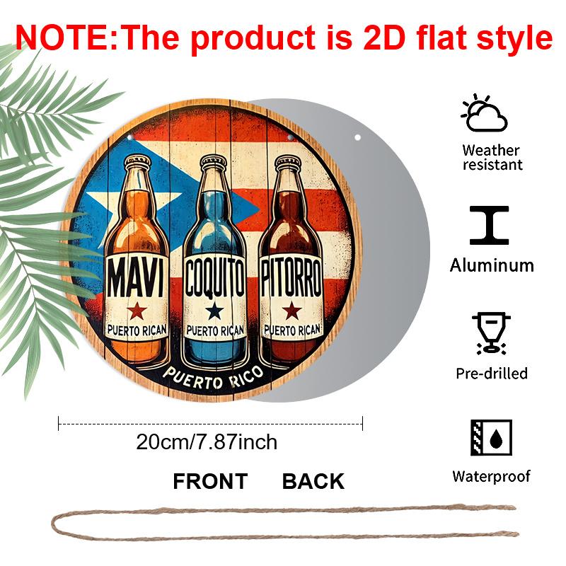 2D Flat, 1pc Round Aluminum Puerto Rican Drinks Sign, Suitable for Hanging Art in a Garage, Farmhouse, Shop, Porch, Living Room, Bedroom, Garden
