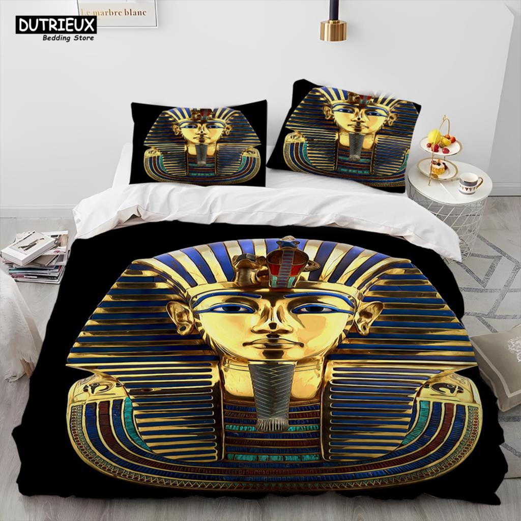Egyptian Mythology Pharaoh Hieroglyphics Comforter Bedding Set,Duvet Cover Bed Set Quilt Cover Pillowcase,Queen Size Bedding Set