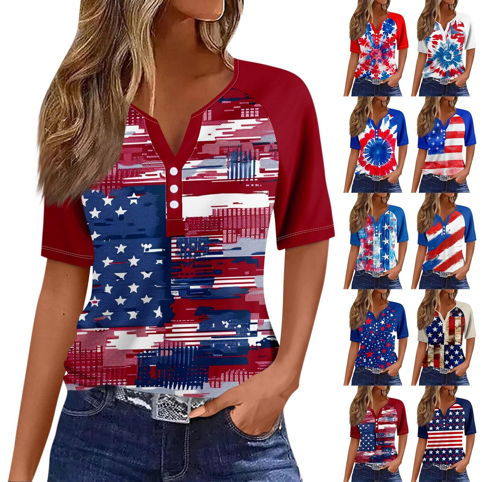 

Женская футболка Футболка с принтом на пуговицах на каждый день Рукав реглан Повседневные выходные Мода Базовый топ с v-образным вырезом и короткими рукавами