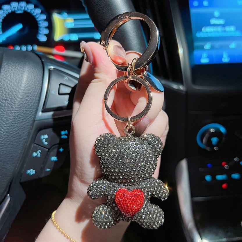 Unique Fun Keychain Gift For Girls Pure Handmade DIY Inlay Full Of Rhinestone Cute Bear Car Keychain Pendants And Bag Ornaments