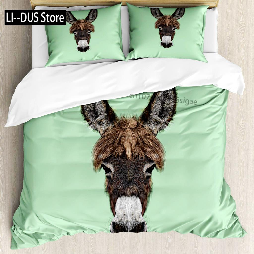 Donkey Duvet Cover Set Cartoon Donkey With HEE Haw Text Funny Domestic Animal Portrait King Size Twin Bedding Set For Kids Teens