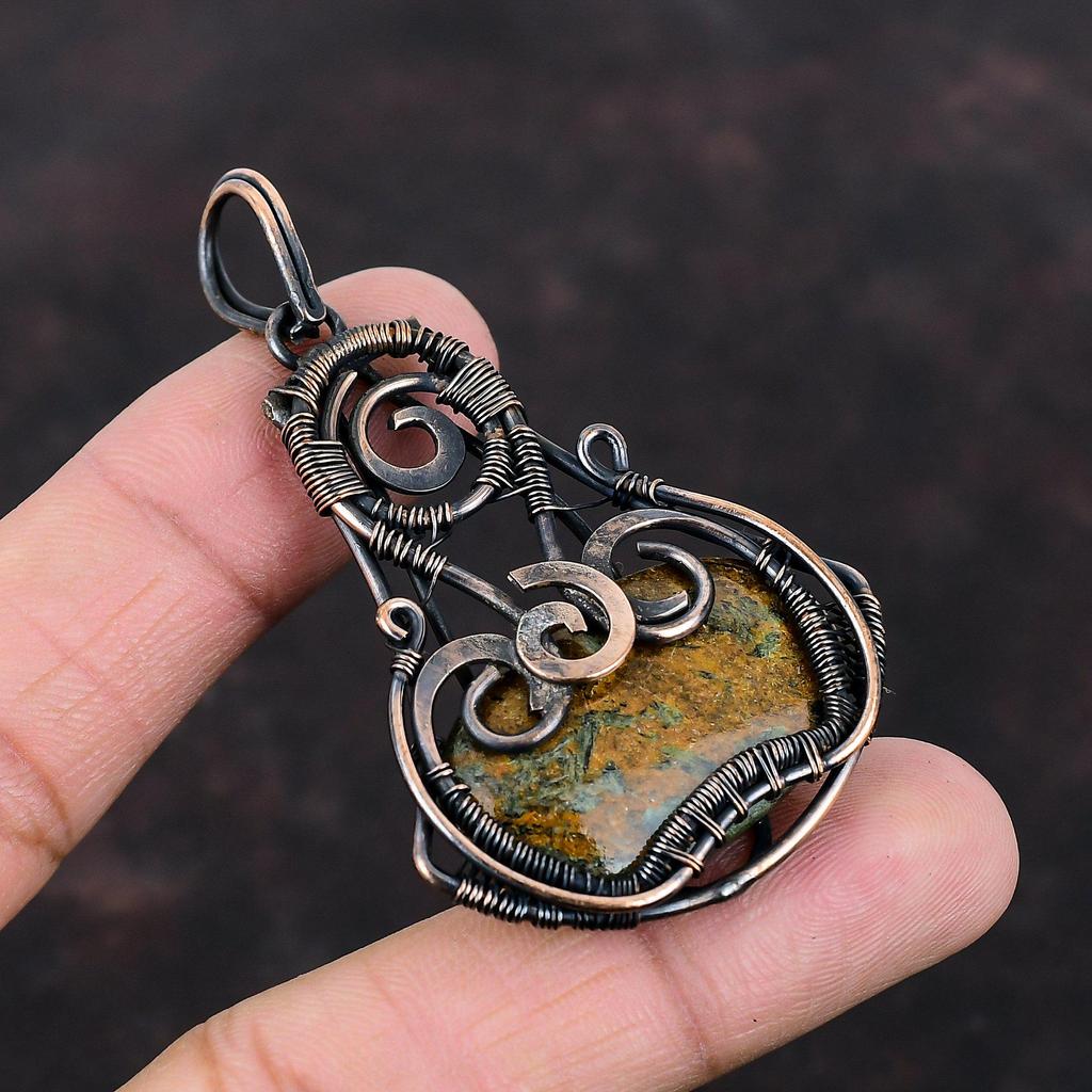 Spessartin Granat in Kalkstein Anhänger Kupferdraht gewickelt Anhänger Handarbeit Schmuck Original Edelstein Anhänger Kupferdraht Schmuck als Geschenk