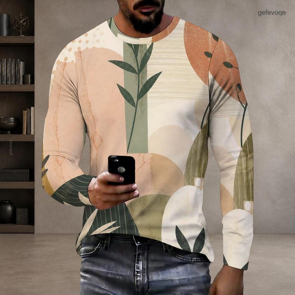 Men Plus Size Round Neck Long Sleeve Printed T Shirt White Blue Khaki Casual Pullover Straight Hem