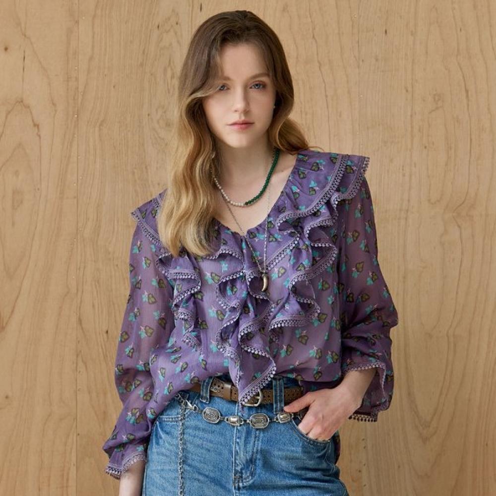 Maxza Mini Leaf Print Ruffle V Neck Chiffon Blouse Ze07qb002nh violet/FREE