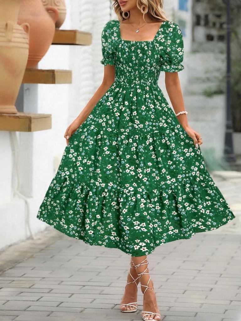 Floral Square Collar Ruched Waist Bubble Sleeve Layered Dress Sweet Style Dress