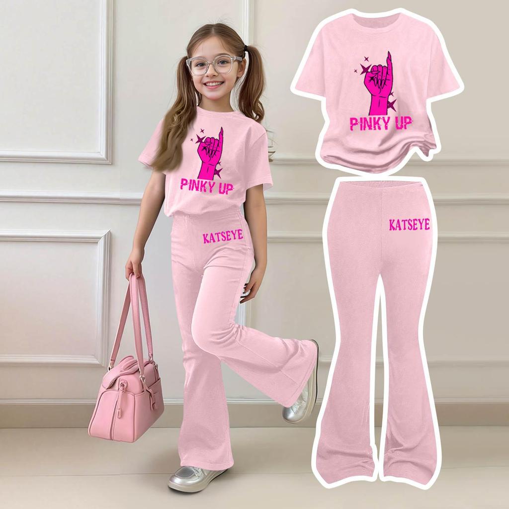 Girls Casual Short Sleeve Top and Flared Pants Set Comfortable Fit Printed Design Soft Fabric Suitable for Everyday Wear