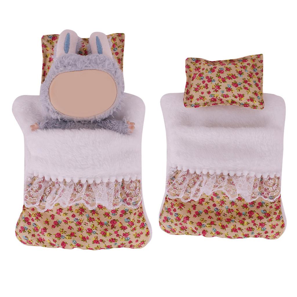 Fashion Flower Pattern Doll Bed Set with Pillow And Sleeping Bag For Labubu Plush Figure Dolls 17cm Ball Joint Dolls