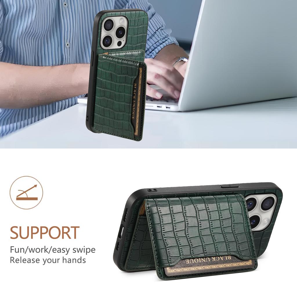 For iPhone 16 Pro Case Card Holder Kickstand Crocodile Texture Leather Back Phone Cover