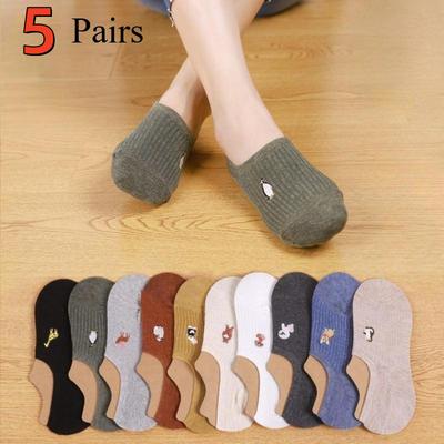5/1Pairs Women Cartoon Animal Pattern Invisible Socks Silicone Anti-slip Socks Boat Socks