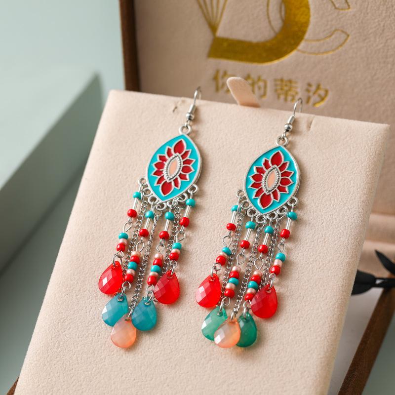Bohemian Enamel Flower Water Drop Earrings for Women Ethnic Vintage Multicolor Beaded Long Earrings Vacation Daily Jewelry