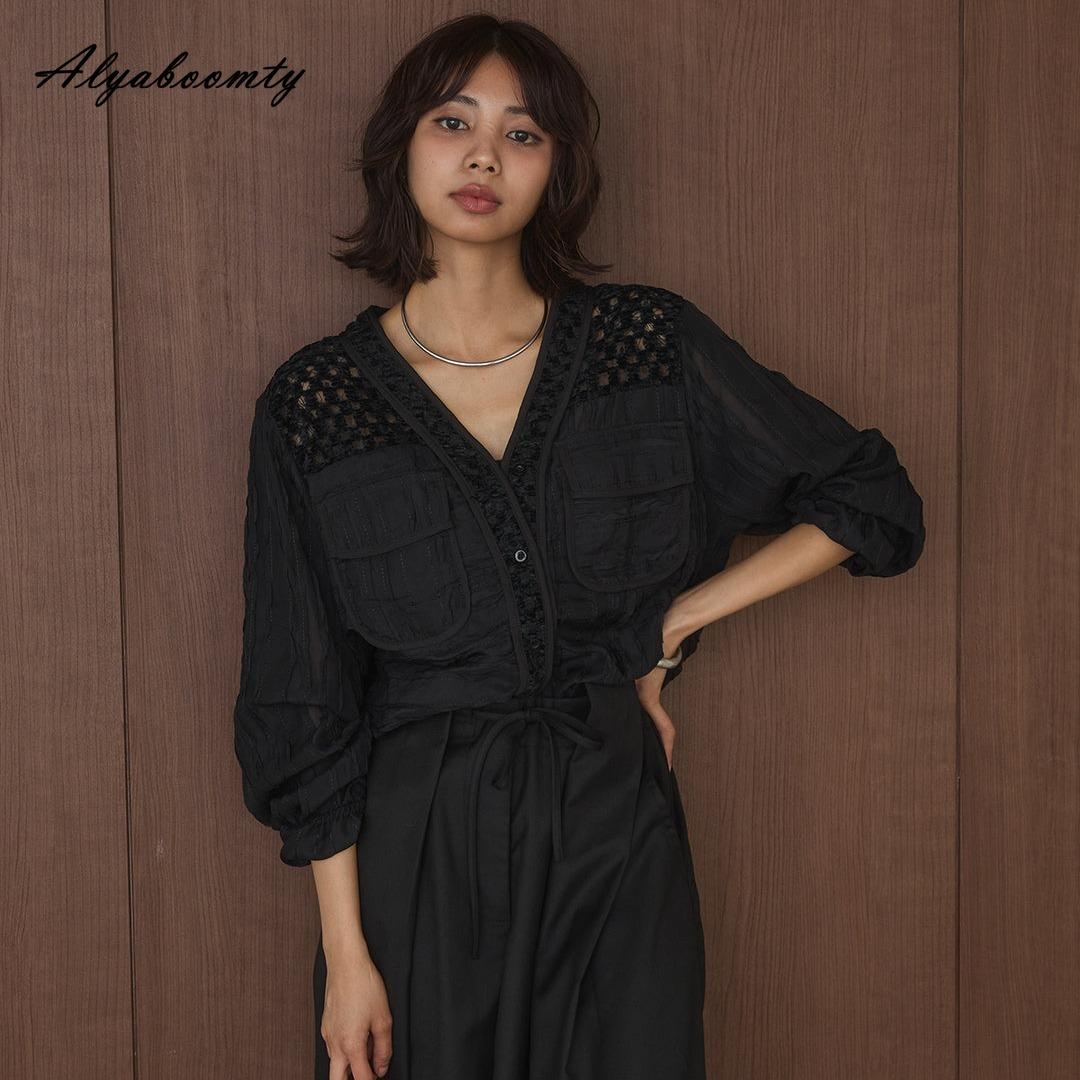 

Korean Fashion Spring Summer Women Blouse V Neck White Black Hollow Out Lace Up Shirt Long Sleeve Elegant Feminine Laides Thin Coat ONE SIZE чорний