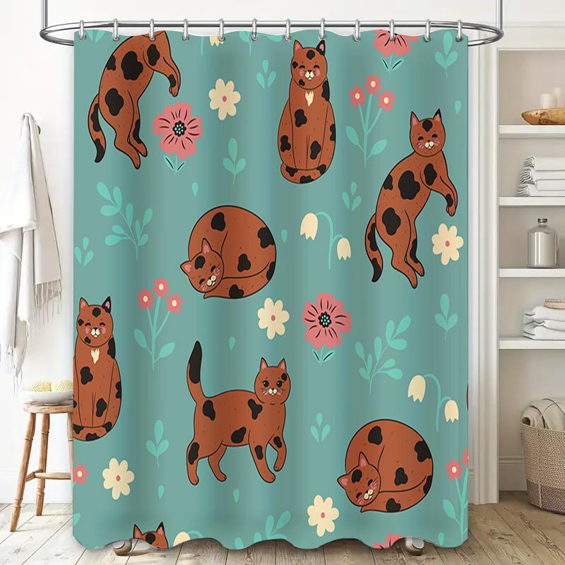 Cute Cats Shower Curtain Blue Floral Print Fabric Waterproof Bathroom Decor Set for Home Decoration Size: 72x72 (183cm x 183cm)