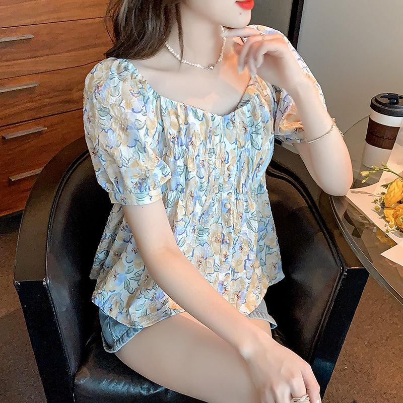 Women Ruffled Floral Print Square Collar Kawaii Sweet Blouse Summer Trendy Short Sleeve Slim Casual Shirt Korean Style Chic Tops