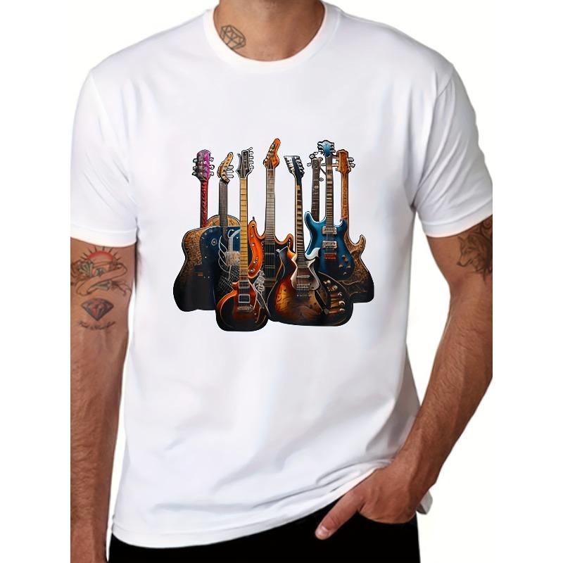 Men's Guitar Graphic Cotton T-Shirt - Casual Short Sleeve Crew Neck, Lightweight & Breathable, Perfect for Outdoor Activities & Music Lovers