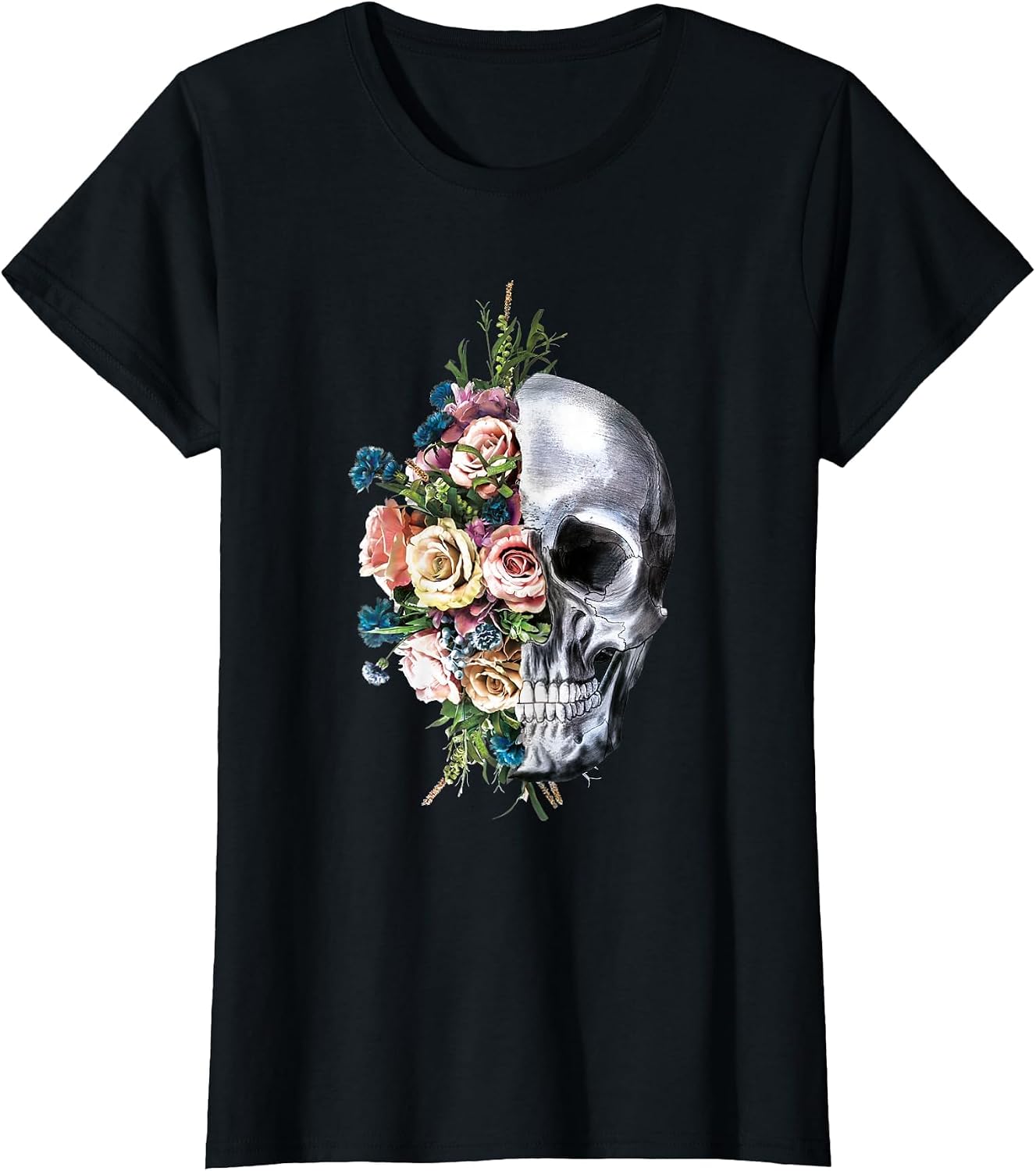 Flower Skull Sugar Roses for Women Girls Halloween T-Shirt S
