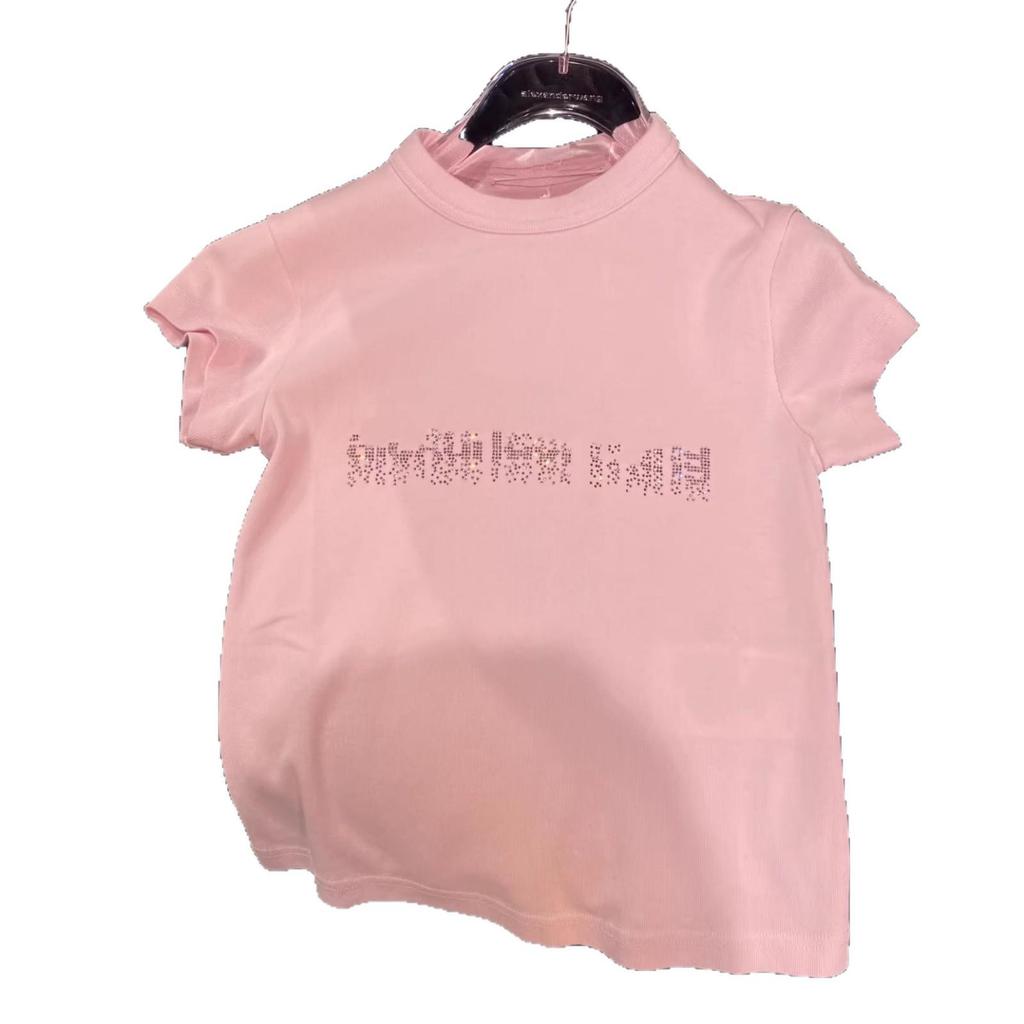 Women's Pink Rhinestone Letter Slim-Fit Round Neck Short Sleeve T-Shirt - Early Spring 2026 Arrival