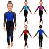 Girls Gymnastics Sparkling Rhinestone Unitard Mesh Patchwork Color Block Long Sleeve Back Zip Bodysuit for Dance Stage Performance
