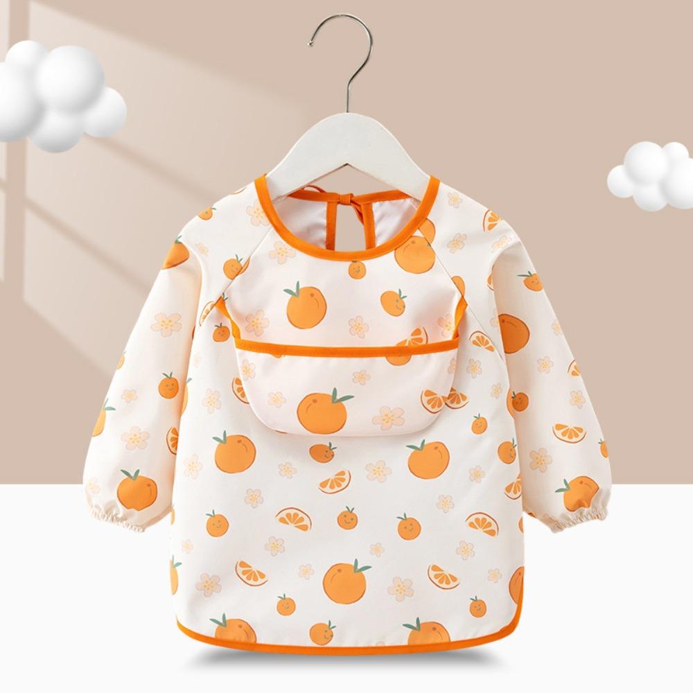 Kids Long-Sleeve Waterproof Bib Apron Cartoon Print Stain-Resistant Feeding Coveralls with Pocket Easy Clean Toddler