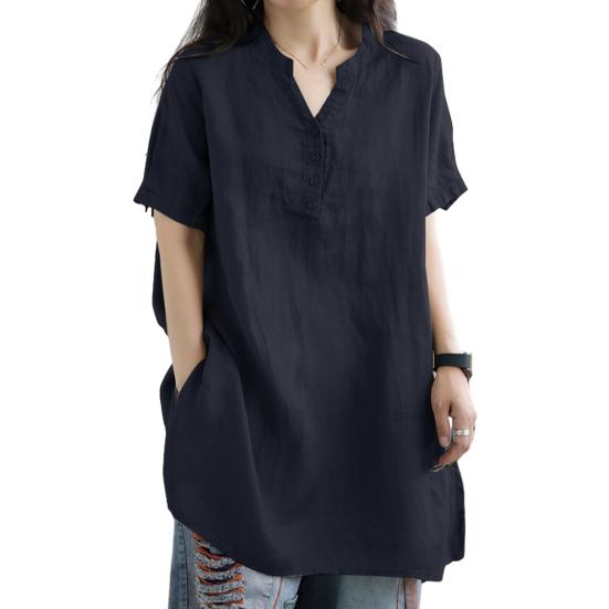 

Твердый пуловер средней длины с короткими цветными рукавами большого размера и V-образным вырезом, мягкий тонкий повседневный свободный пуловер 3XL темно-синий