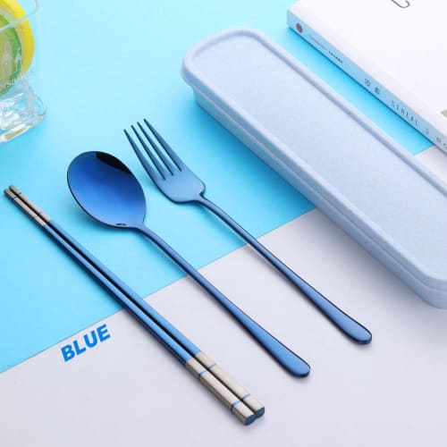 Do Buy Trio Set: Chopsticks, Spoon, and Fork, 3-Piece Set, Made of 18-8 Stainless Steel with a Stylish Wheat Container, 23cm Laser Chopsticks, Titaniu