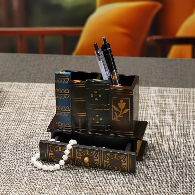 1pcs European Vintage Faux Book Pen Holder Creative Desktop Organizer for Office/Cosmetics Storage Box Solid Wood Decorative