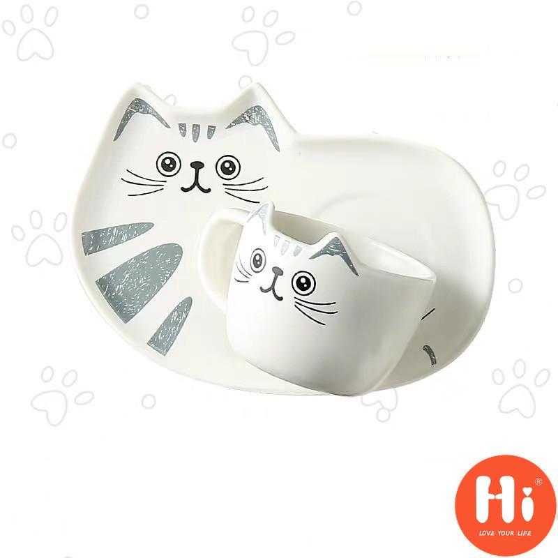 Hi Ceramic Coffee Cup With Saucer Spoon Cartoon Cat Teacup Breakfast Milk Mug Bread Dessert Dish Gift