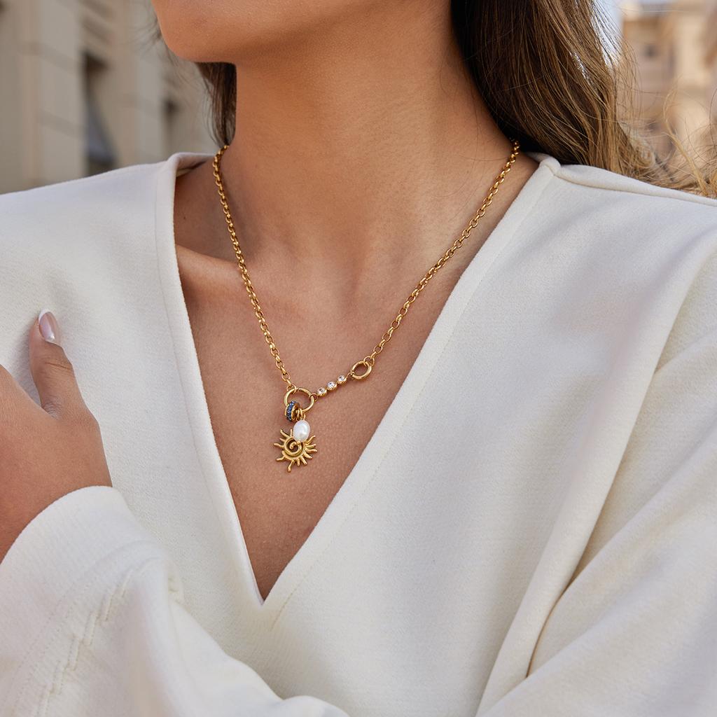 Youthway Classic Sun Freshwater Pearl Crystal Bead Pendant Necklace For Women Elegant 18K Gold Plated Stainless Steel Necklace