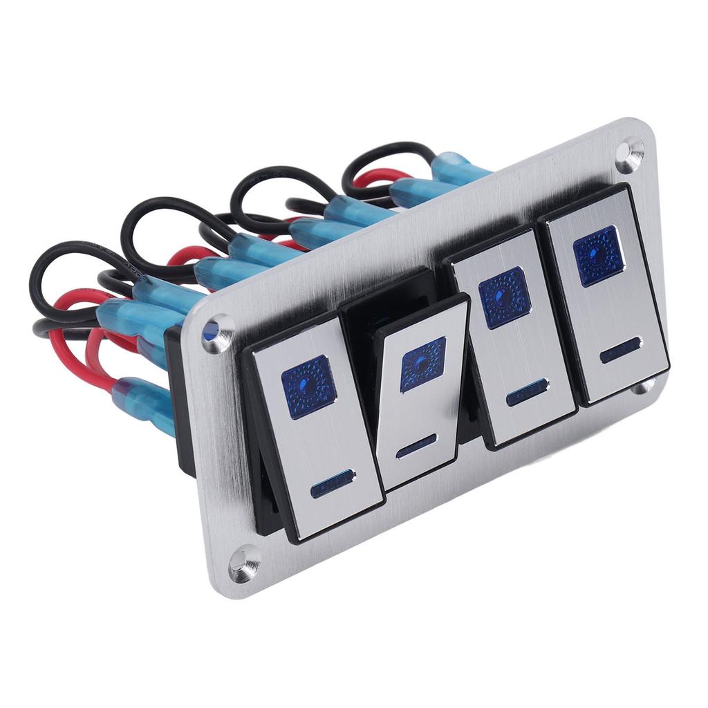 4 Gang Rocker Switch Panel 5Pin ON OFF SPST Blue Backlight Pre Wired Aluminum Alloy for Cars RVs Buses Trailers UTV