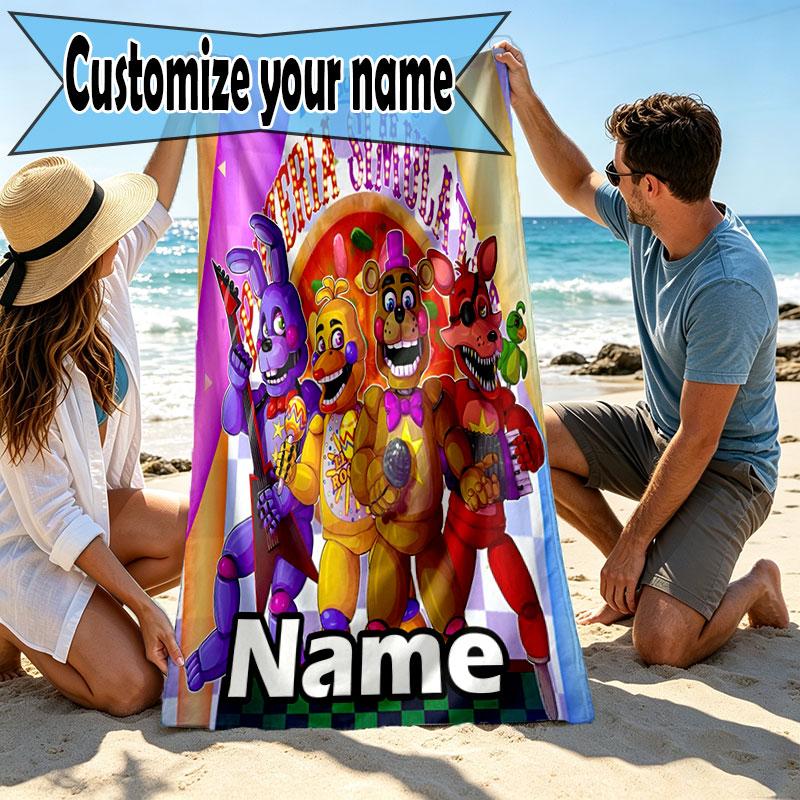 Custom Name Personalized Five Nights at Freddy's Print Beach Towel, for Trip Camping Beach Party Home Decor, Birthday Gift for Family & Friends