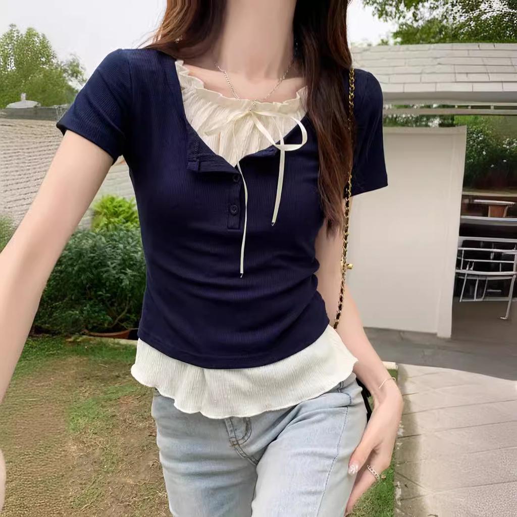 Čistý styl touhy Falešné dvoudílné tričko s krátkým rukávem pro ženy Na léto Dámské oblečení Nový krátký top s černými ušima