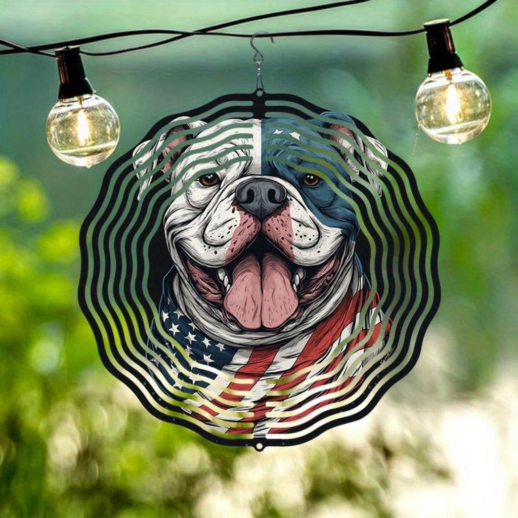 American Flag Dog Design 2D Metal Wind Chime for Outdoor Garden Patio Indoor Decor Holiday Festival Party Gift Rotating Wind Spinner