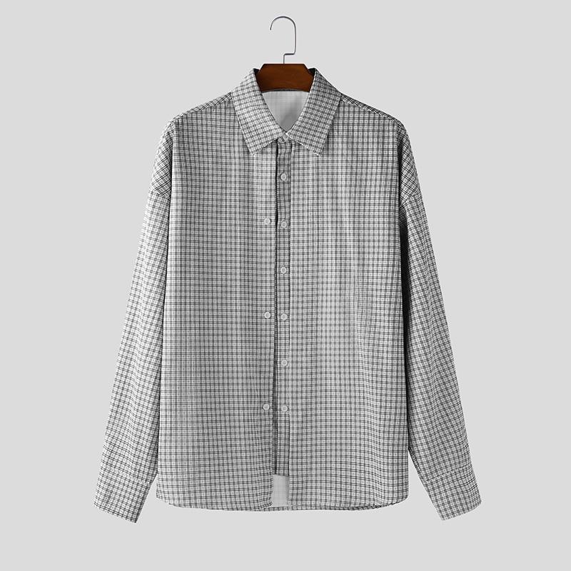 

INCERUN Мужские рубашки оверсайз с лацканами, длинными рукавами, пуговицами, двухслойные, повседневные, в клетку 5XL чёрный