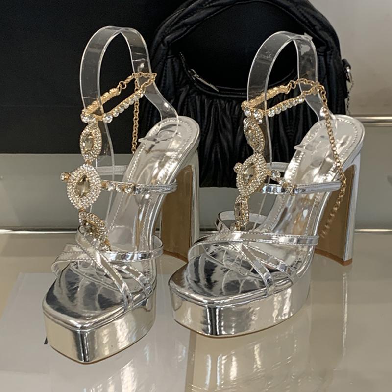 Fashion Liyke Runway Fashion Rhinestone Chain Ankle Strap Gold Sandal Women Elegant Square Toe Platform High Heels Wedding Banquet Shoes