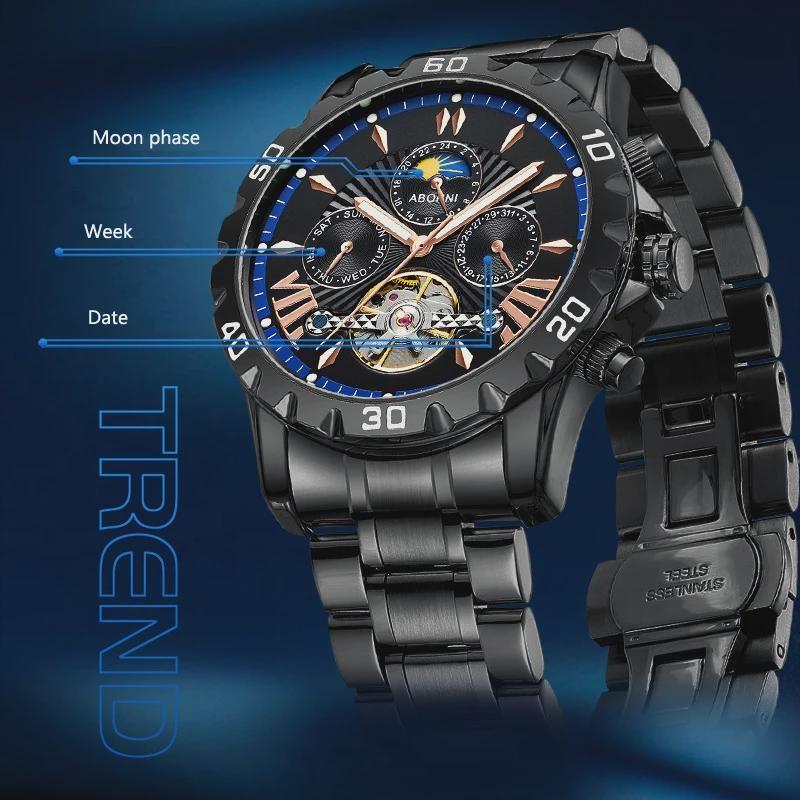 Men Business Casual Mechanical Watch Calendar Week Moon Phase Multifunctional Waterproof Luminous Stainless Steel Wristwatch