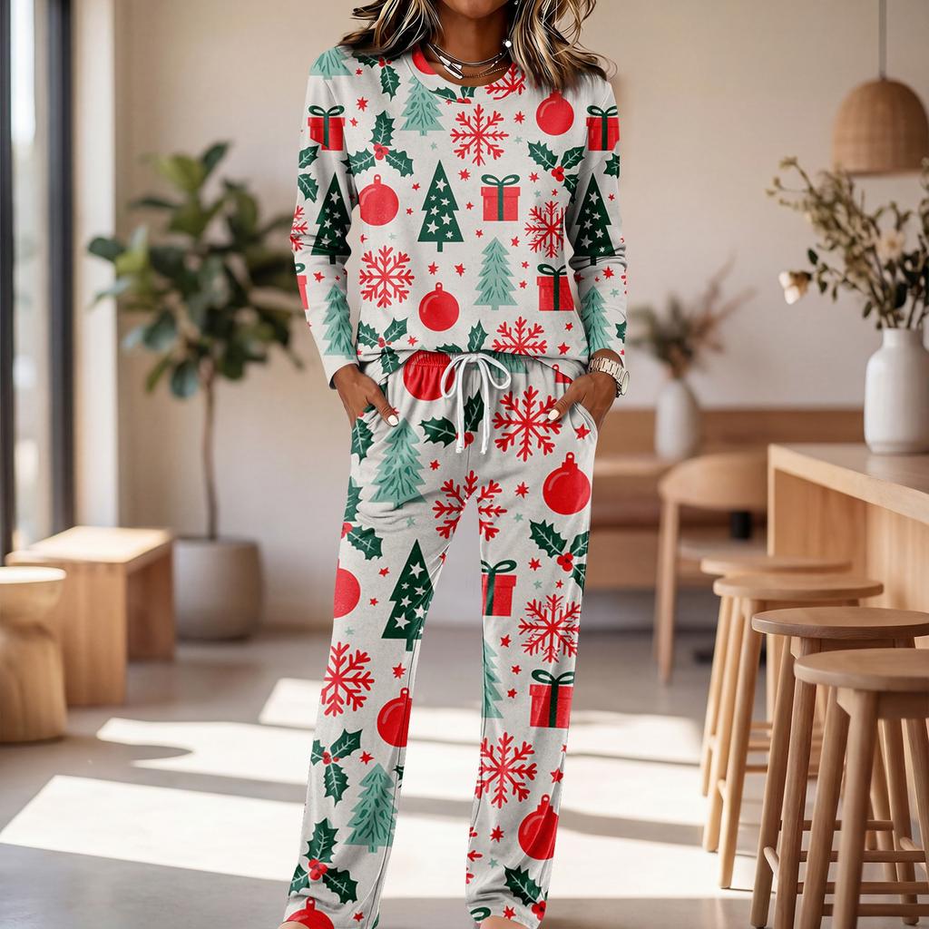 Round Neck Long Sleeve Wide Leg Pants Set, Casual Home Pajama Sleepwear