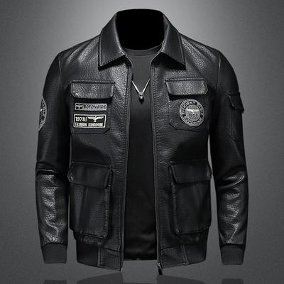 Spring and Autumn New Military Style Aviator Leather Jacket Men's Large Size Slim Lapel Embroidered Men's Leather Jacket