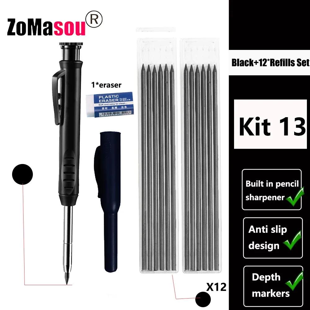 Reuseable Long Head Deep Hole Markers Pen Pencils Solid Carpenter Refill Leads Built-in Sharpener Woodwork Construction Tools